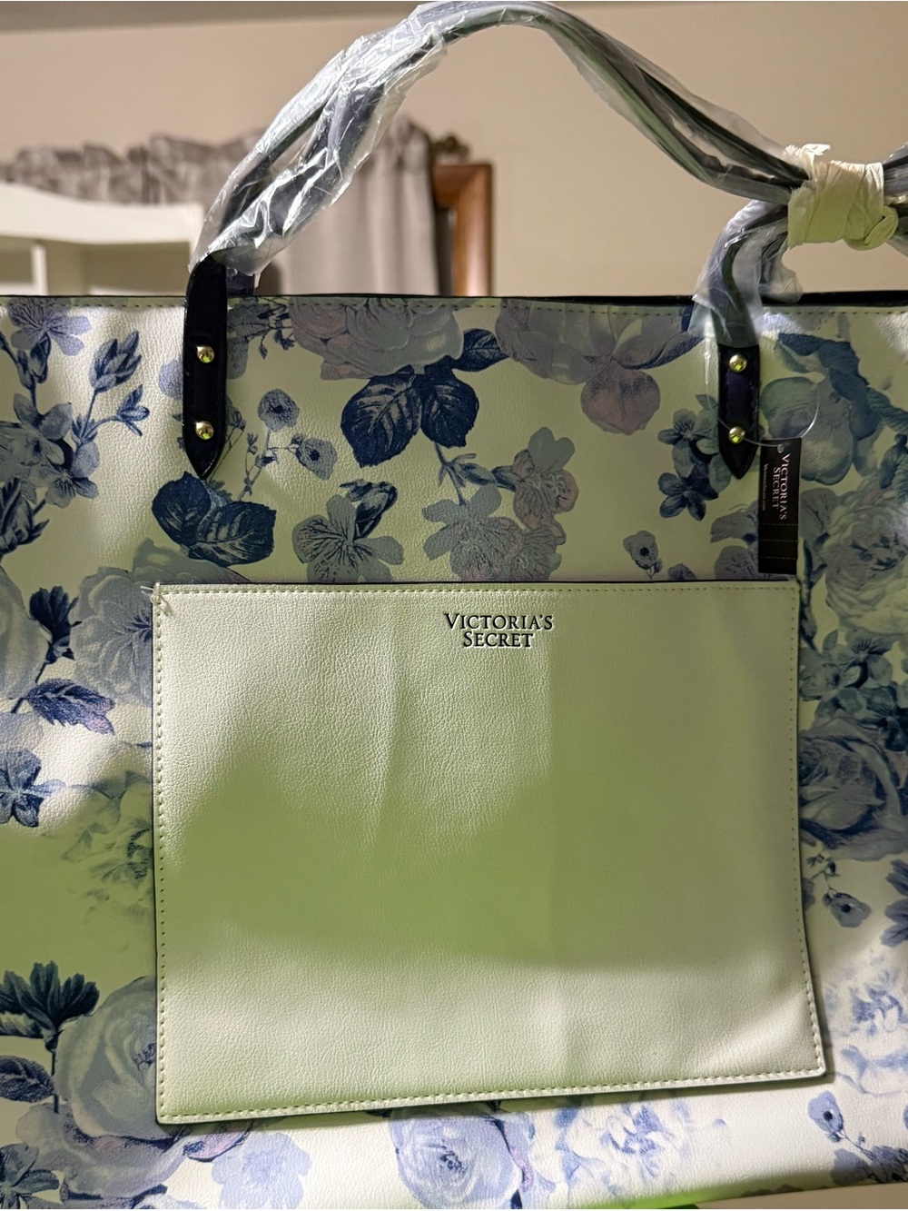 Victoria's Secret Blue Floral White Tote with Front Pocket